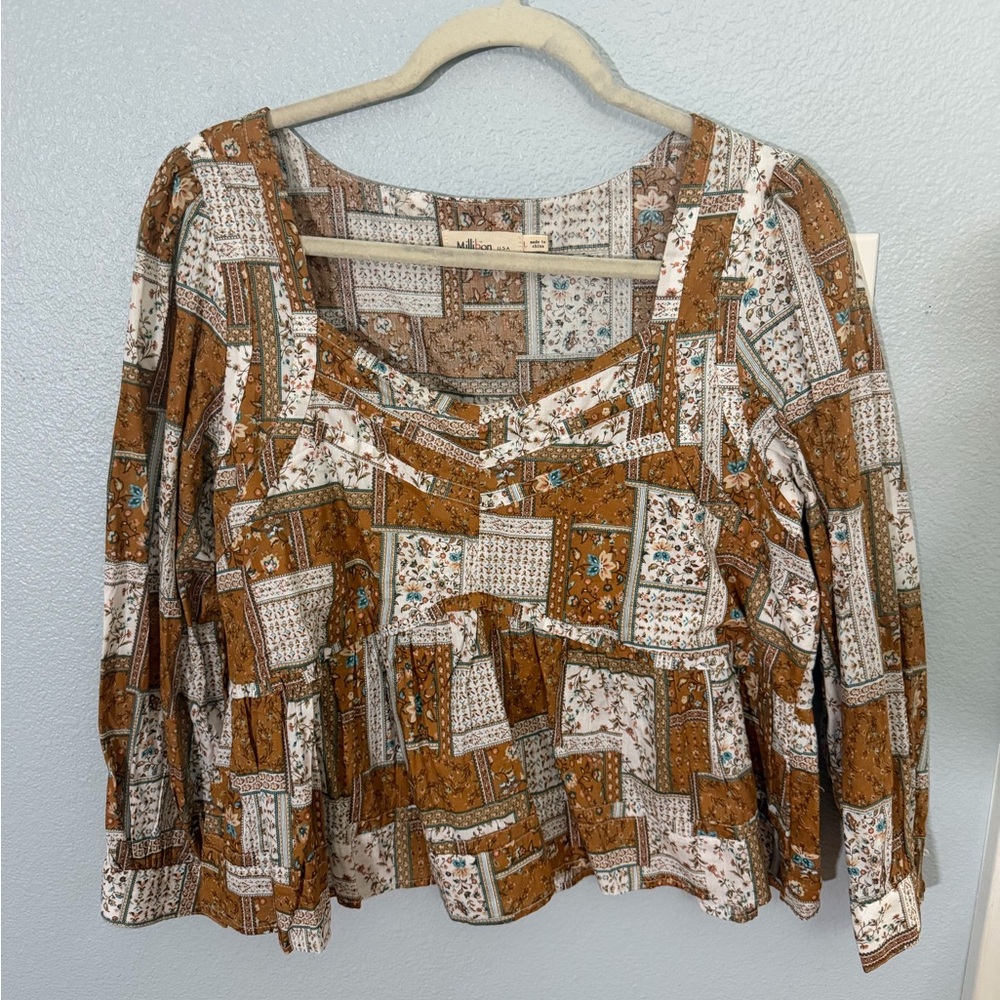 Millibon Mustard, Brown & White Patchwork Long Sleeve Top